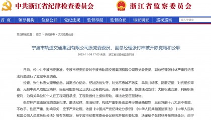 宁波市轨道交通集团有限公司原党委委员、副总经理张付林被开除党籍和公职
