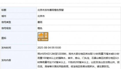 北京市升级发布暴雨橙色预警！五区升级发布暴雨红色预警！注意防范——