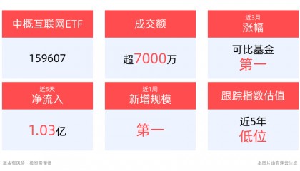 板块估值历史低位，中概互联网ETF(159607)近5个交易日“吸金”1.03亿元