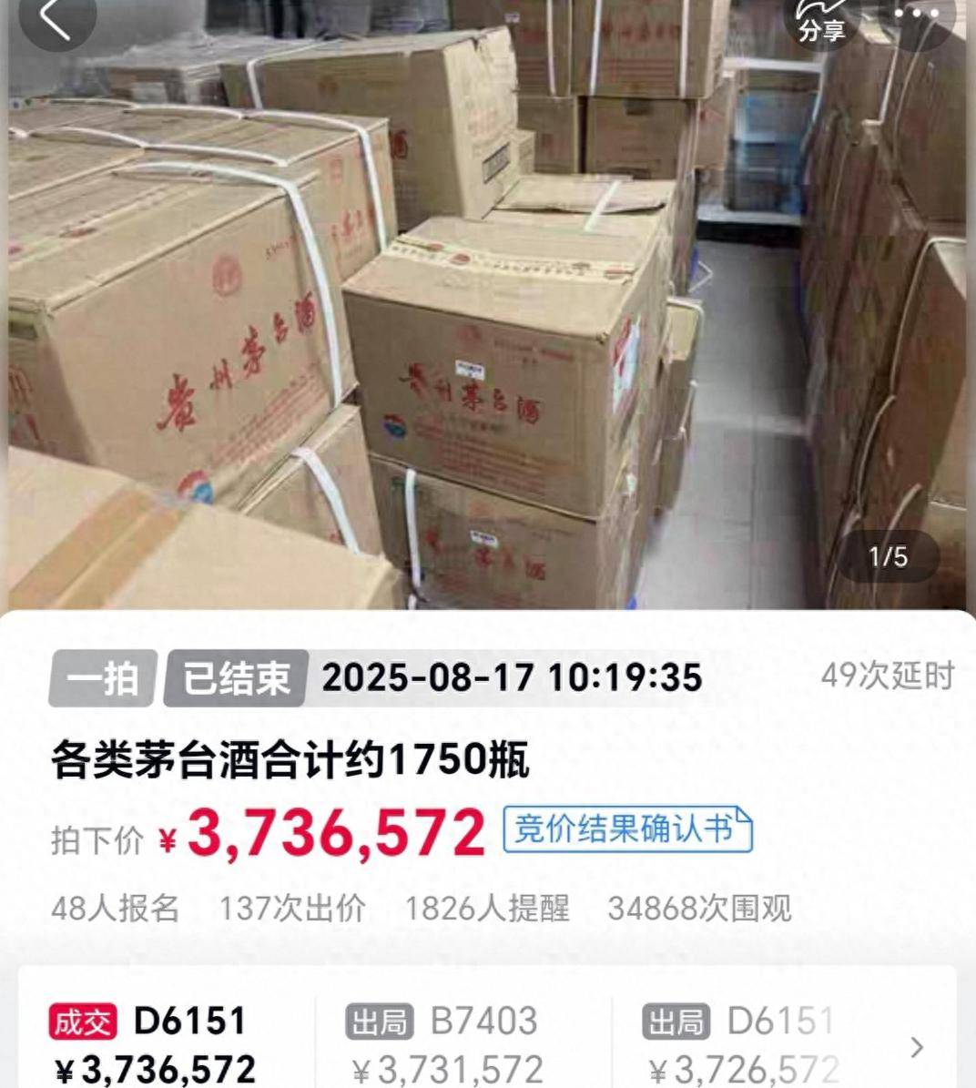 1750瓶茅台373万余元被法拍,一原所有人已被执行死刑