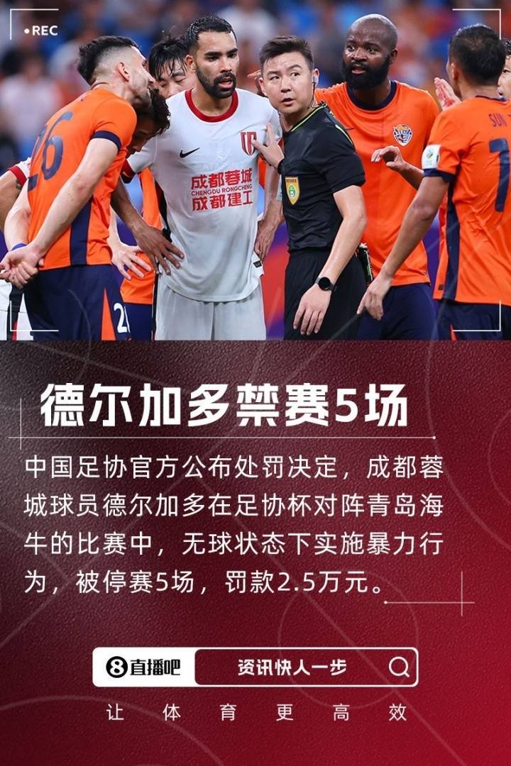 朱艺：蓉城止步足协杯半决赛，德尔加多剩余5场停赛在中超执行